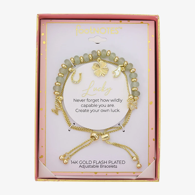 Footnotes Lucky Elephant Horseshoe Charm Womens Green Jade Box 10K Gold Over Brass Clover Bangle Bracelet