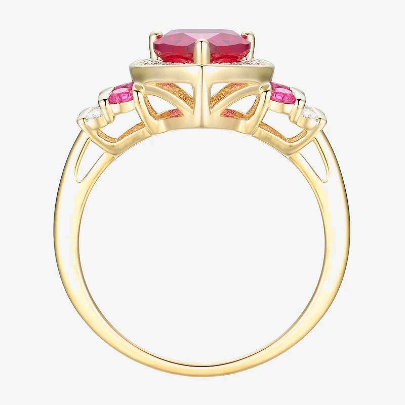 Womens Lab Created Red Ruby 14K Gold Over Silver Heart Halo Cocktail Ring