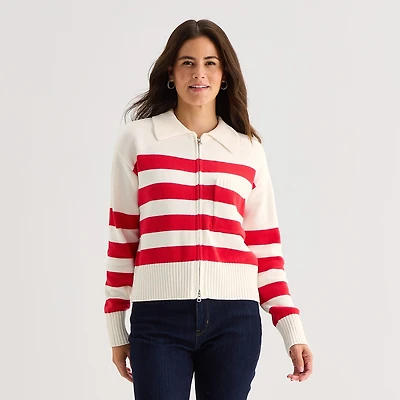 St. John's Bay Womens Long Sleeve Open Front Zipper Striped Cardigan
