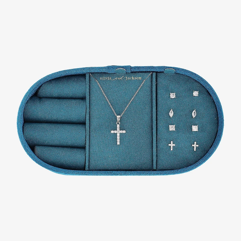 olivia and jackson Womens Cubic Zirconia Pure Silver Over Brass Cross Round Marquise 5-pc. Jewelry Set with Travel Case