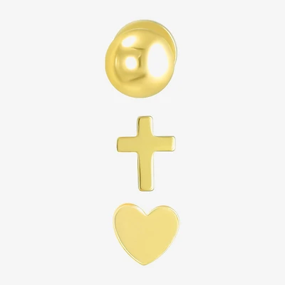 Gold Addiction Womens 10K Gold Ball Cross Heart 3 Pair Earring Set