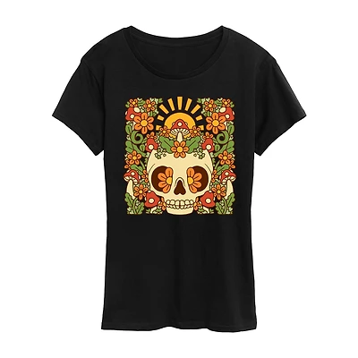 Floral Skull Womens Crew Neck Short Sleeve Regular Fit Graphic T-Shirt