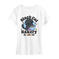 Black Cat Bakery Womens Crew Neck Short Sleeve Regular Fit Graphic T-Shirt