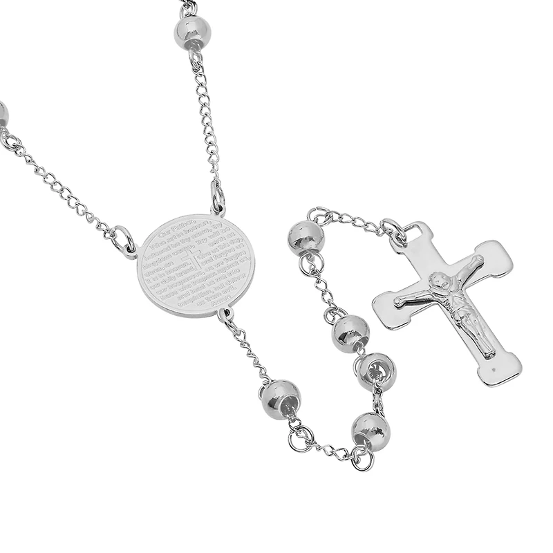 Lord'S Prayer Medallion Mens Stainless Steel 27 Inch Rosary Necklace