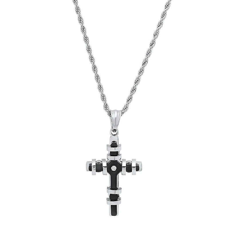 Mens Diamond Accent Cubic Zirconia Stainless Steel Cross 18 Inch Pendant Necklace