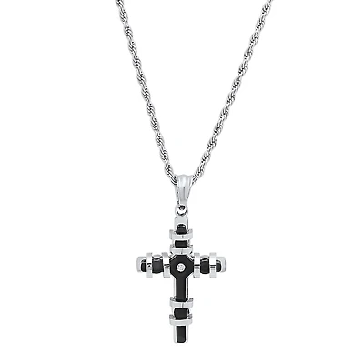 Mens Diamond Accent Cubic Zirconia Stainless Steel Cross 18 Inch Pendant Necklace