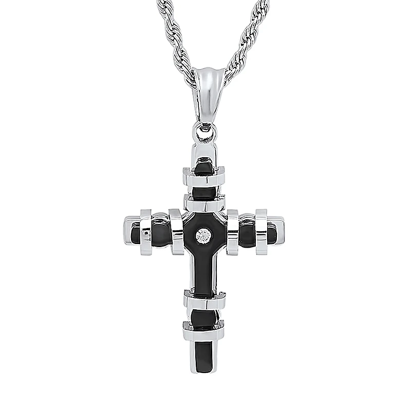Mens Diamond Accent Cubic Zirconia Stainless Steel Cross 18 Inch Pendant Necklace