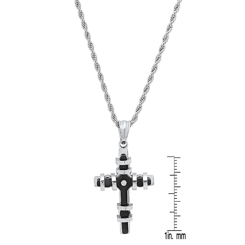 Mens Diamond Accent Cubic Zirconia Stainless Steel Cross 18 Inch Pendant Necklace