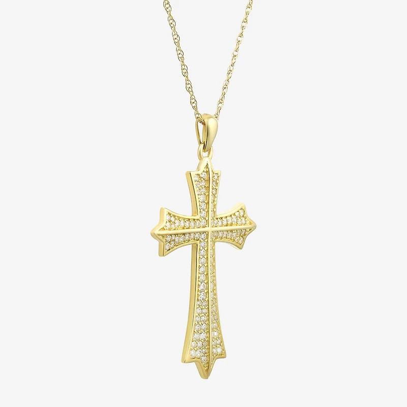 Mens White Cubic Zirconia 14K Gold Cross Pendant Necklace