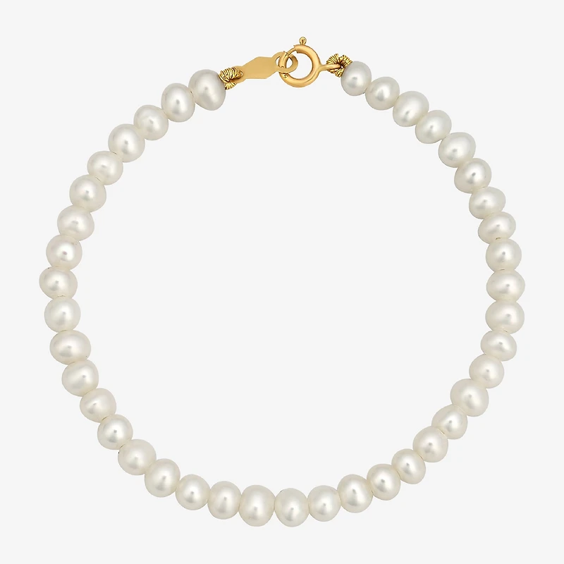 Girls White Cultured Freshwater Pearl 14K Gold Round Strand Bracelet