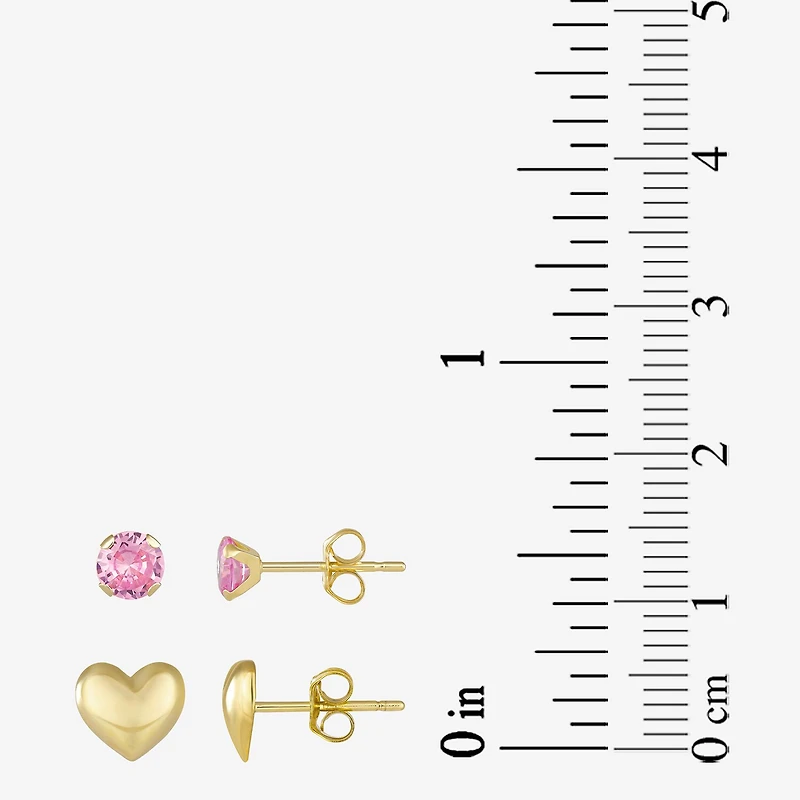 Womens Pink Cubic Zirconia 10K Gold Heart 2 Pair Earring Set
