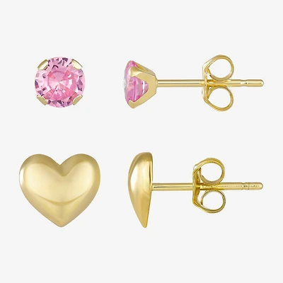 Womens Pink Cubic Zirconia 10K Gold Heart 2 Pair Earring Set