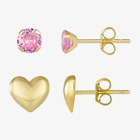 Womens Pink Cubic Zirconia 10K Gold Heart 2 Pair Earring Set