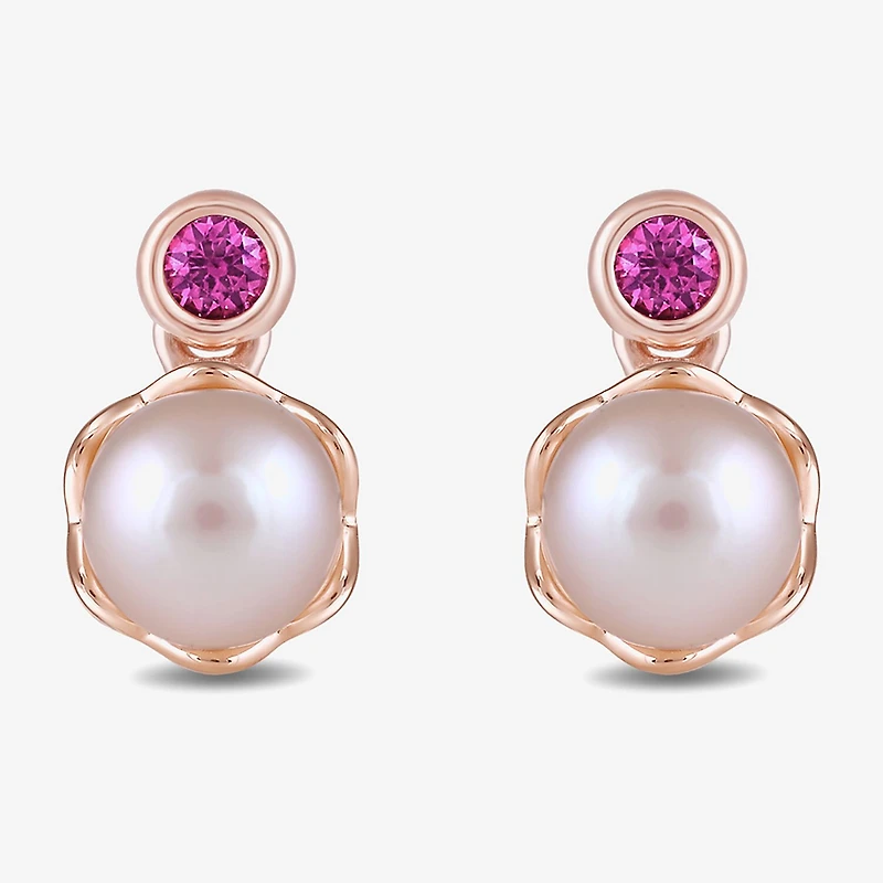 Womens Lab Created Pink Cultured Freshwater Pearl 10K Rose Gold Sterling Silver Barbie Drop Earrings