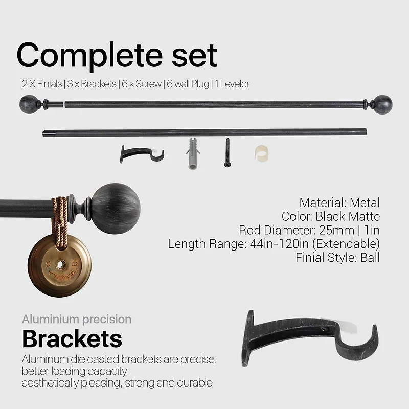 Deco Window Brushed Globe 1 IN Adjustable Curtain Rod