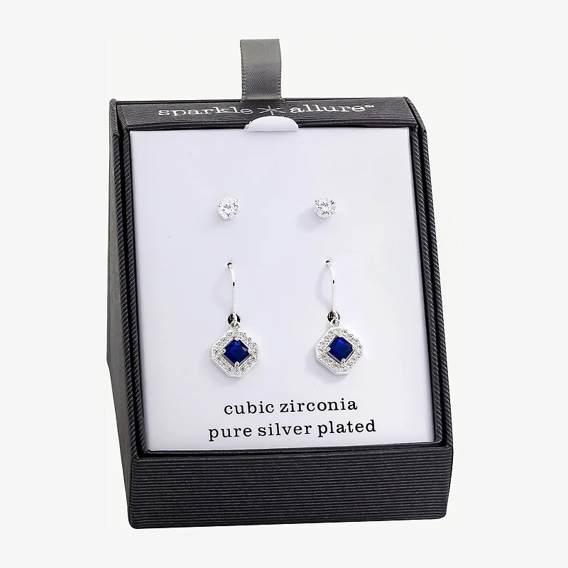 Sparkle Allure Womens Blue Crystal Square 2 Pair Earring Set
