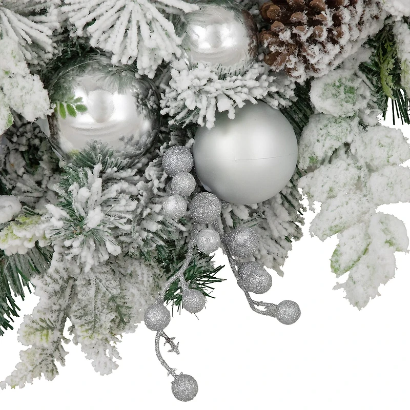 Northlight Glitter And Frosted Foliage Artificial With Bow 30-Inch Unlit Wreath