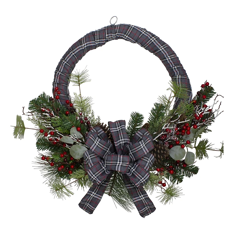 Northlight Gray And Red Plaid Artificial With Red Berries 24-Inch Unlit Wreath