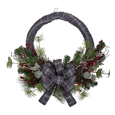 Northlight Gray And Red Plaid Artificial With Red Berries 24-Inch Unlit Wreath