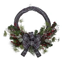 Northlight Gray And Red Plaid Artificial With Red Berries 24-Inch Unlit Wreath
