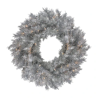 Northlight 24" Silver Tinsel Artificial Clear Lights Pre-Lit Wreath