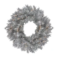 Northlight 24" Silver Tinsel Artificial Clear Lights Pre-Lit Wreath