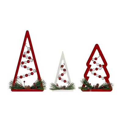 Northlight 11.75" Red And White Beaded Trees Wooden 3-pc. Christmas Tabletop Decor