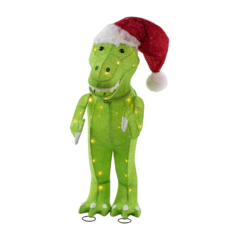 Northlight 30" Led Tinsel Santa T-Rex Dinosaur Outdoor Christmas Yard Art