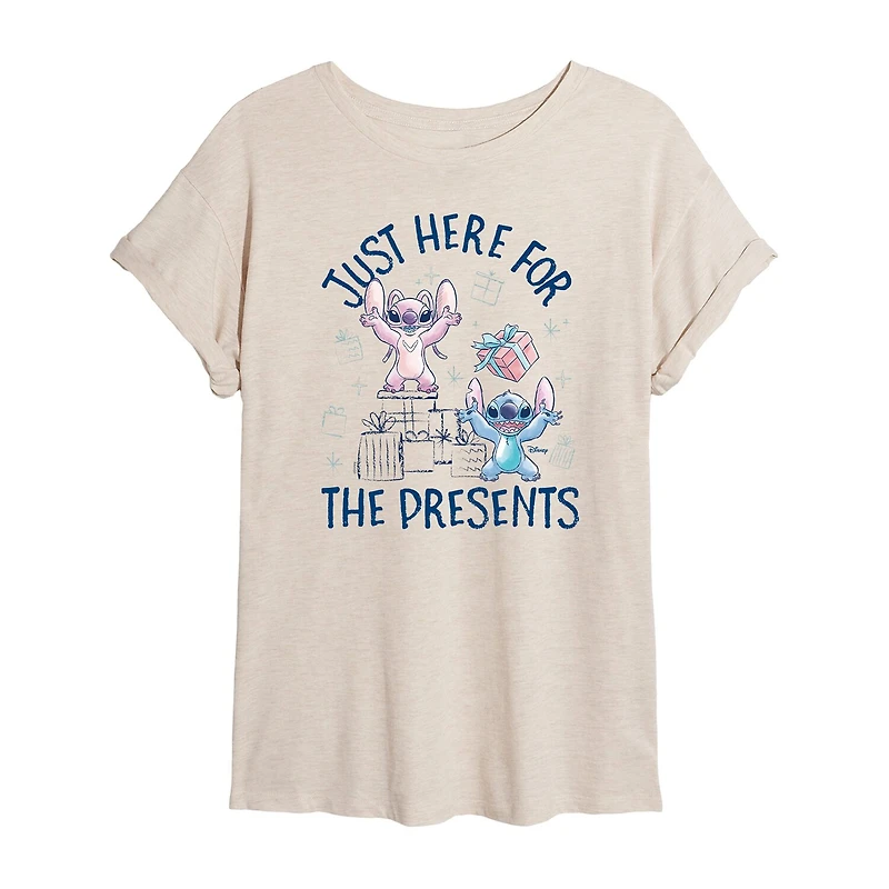 Stitch Just Here For The Presents Womens Crew Neck Short Sleeve Regular Fit Graphic T-Shirt