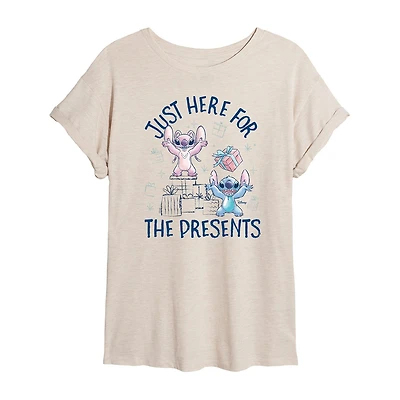 Stitch Just Here For The Presents Womens Crew Neck Short Sleeve Regular Fit Graphic T-Shirt