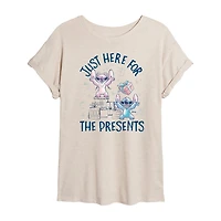Stitch Just Here For The Presents Womens Crew Neck Short Sleeve Regular Fit Graphic T-Shirt