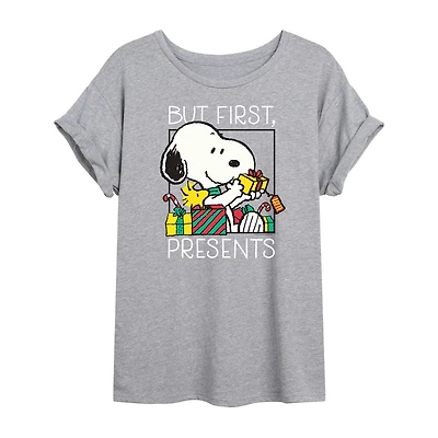 Peanuts Snoopy But First Presents Tee Womens Crew Neck Short Sleeve Graphic T-Shirt