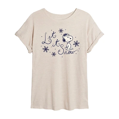 Peanuts Let It Snow Tee Womens Juniors Crew Neck Short Sleeve Regular Fit Snoopy Graphic T-Shirt