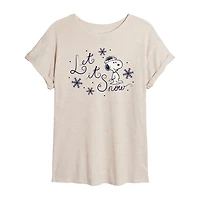 Peanuts Let It Snow Tee Womens Juniors Crew Neck Short Sleeve Regular Fit Snoopy Graphic T-Shirt