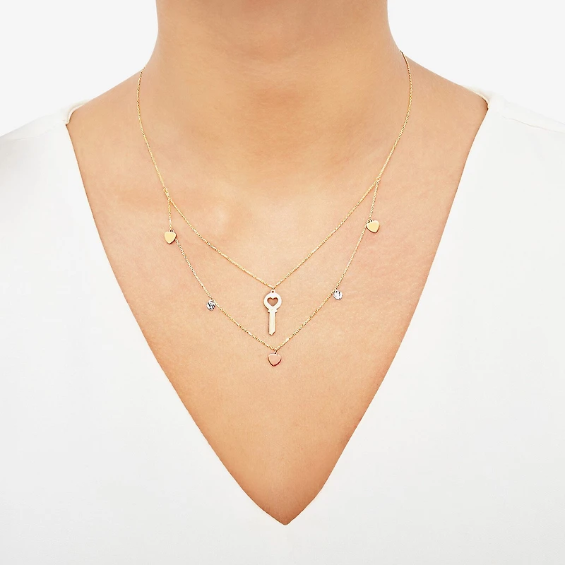 Limited Quantities! Womens 10K Tri-Color Gold Heart Keys 17 Inch Pendant Necklace