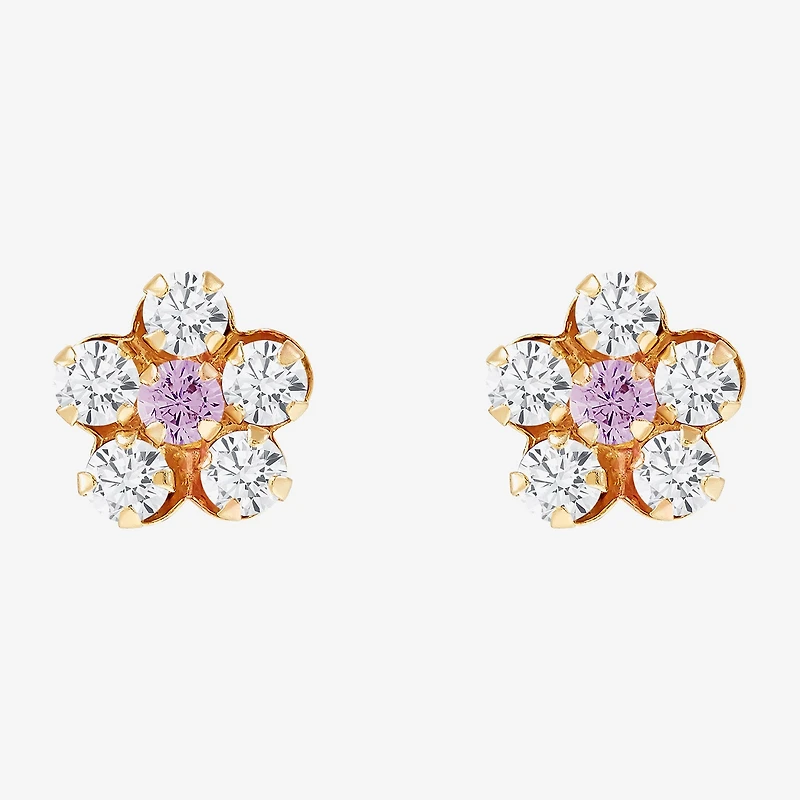 Limited Quantities! Pink Cubic Zirconia 14K Gold 6.5mm Flower Stud Earrings