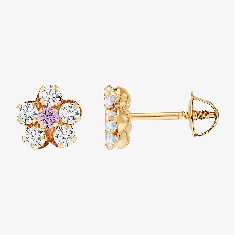 Limited Quantities! Pink Cubic Zirconia 14K Gold 6.5mm Flower Stud Earrings
