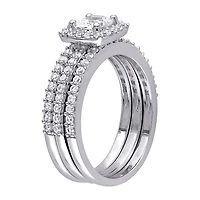 Modern Bride Gemstone Womens Diamond Accent Lab Created White Sapphire Sterling Silver Cushion Halo Bridal Set