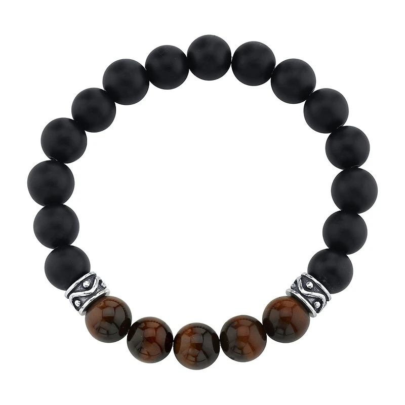 Mens Black Agate Sterling Silver Beaded Bracelet
