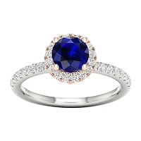 Modern Bride Gemstone Womens 1/3 CT. T.W. Genuine Blue Sapphire 10K Gold Round Side Stone Halo Engagement Ring