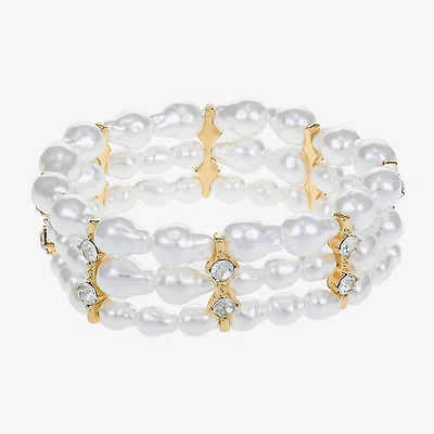 Bijoux Bar Gold Tone Womens Glass Simulated Pearl Stretch Bracelet