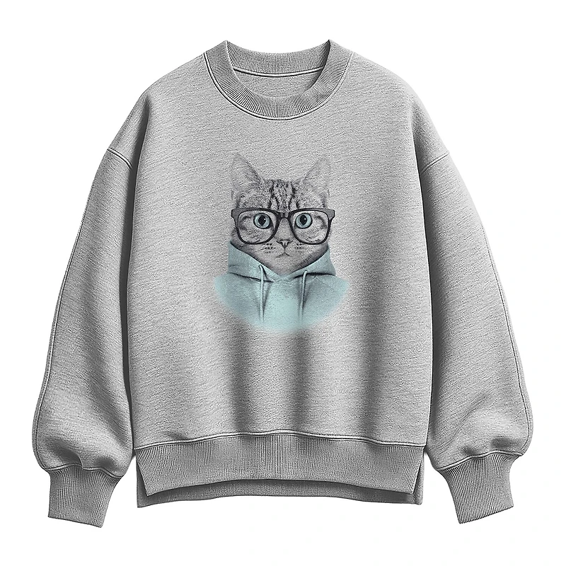 Hipster Cat Womens Crew Neck Long Sleeve Sweatshirt