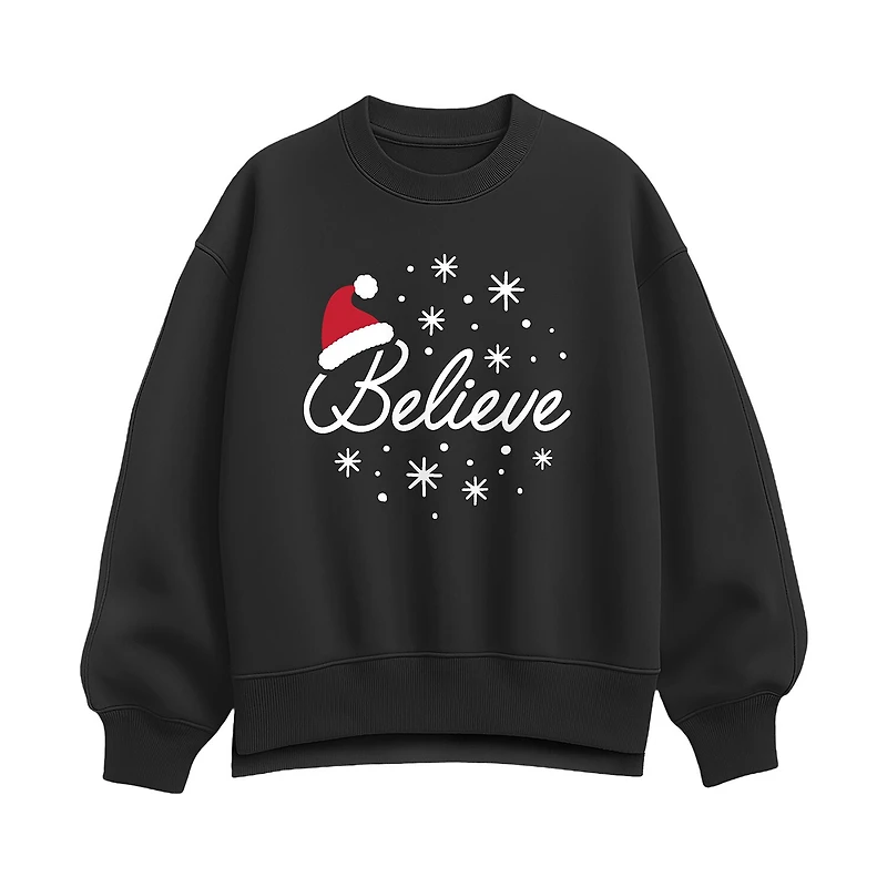 Believe Santa Hat Womens Crew Neck Long Sleeve Sweatshirt