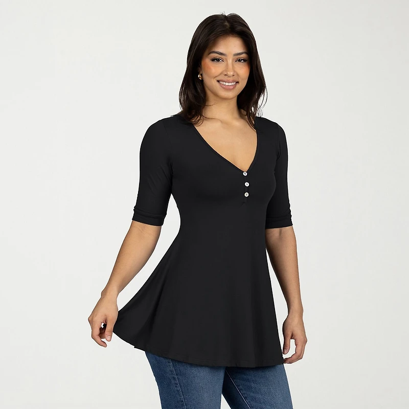 24seven Comfort Apparel Womens V Neck Elbow Sleeve Tunic Top