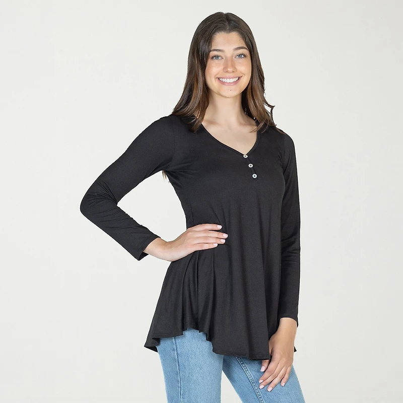 24seven Comfort Apparel Womens Henley Neck Long Sleeve Tunic Top
