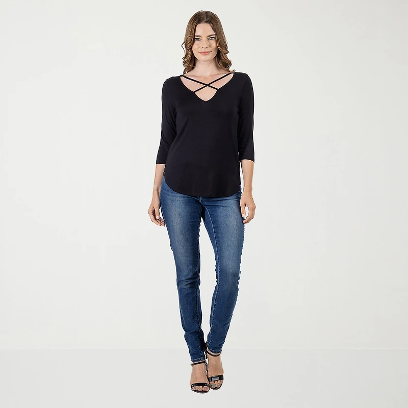24seven Comfort Apparel Womens V Neck 3/4 Sleeve Tunic Top