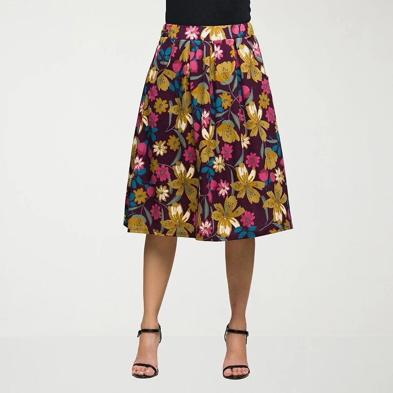24seven Comfort Apparel Womens Stretch Fabric Mid Rise Midi Pleated Skirt