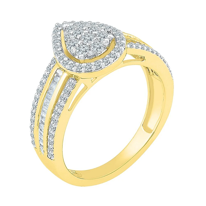 Womens 3/4 CT. T.W. Natural White Diamond 10K Gold Pear Cluster Halo Cocktail Ring