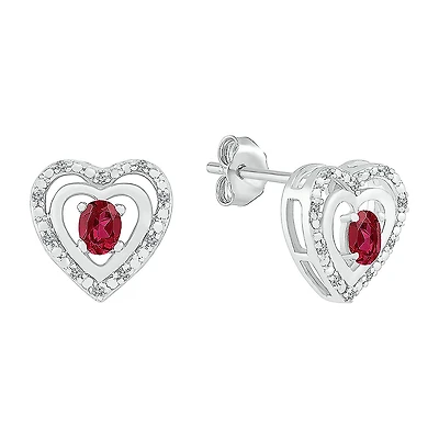 Diamond Accent Lab Created Red Ruby Sterling Silver 11mm Heart Stud Earrings