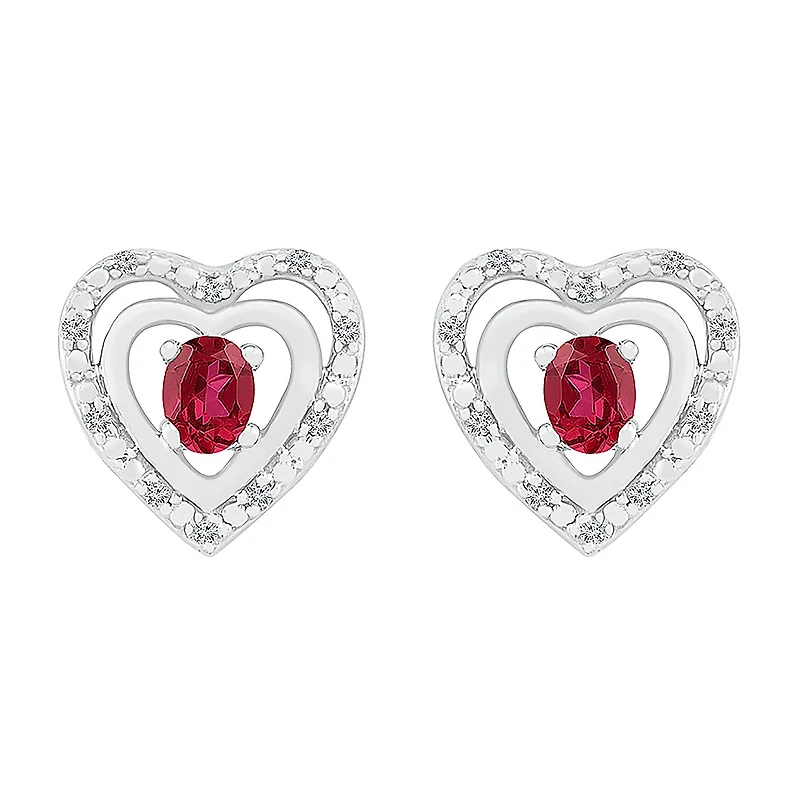 Diamond Accent Lab Created Red Ruby Sterling Silver 11mm Heart Stud Earrings